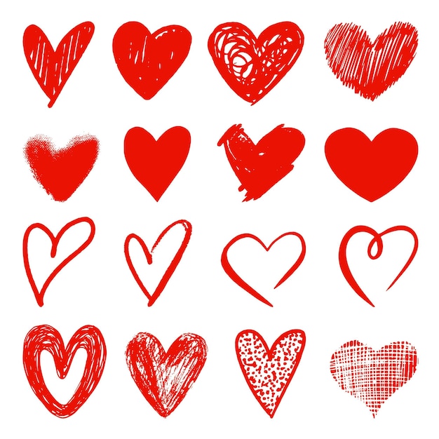 Esbozo grunge corazones rojos Doodle corazón amor arte elementos de decoración belleza boda o decoración del día de San Valentín dibujo decorativo neotérico romántico conjunto vectorial del símbolo de San Valentín ilustración de forma roja