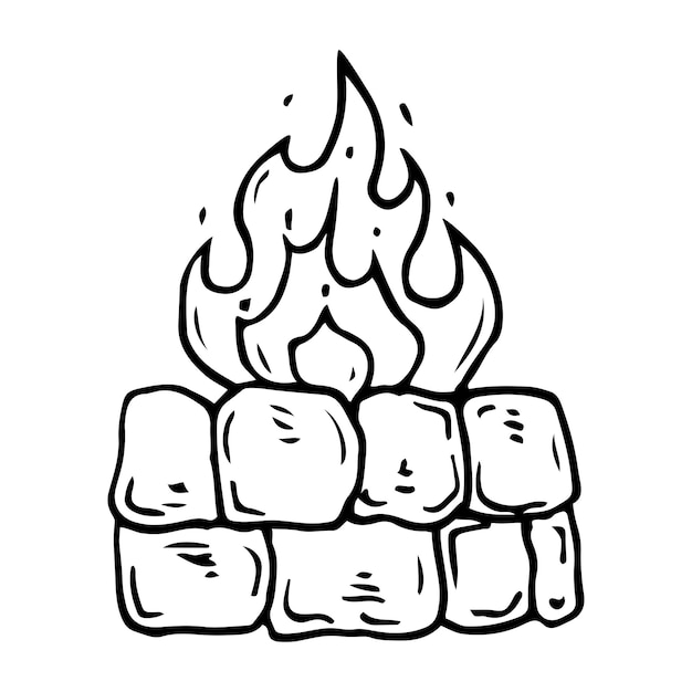 Esbozo de hoguera Leña ardiente Fuego de piedra Ilustración dibujada a mano