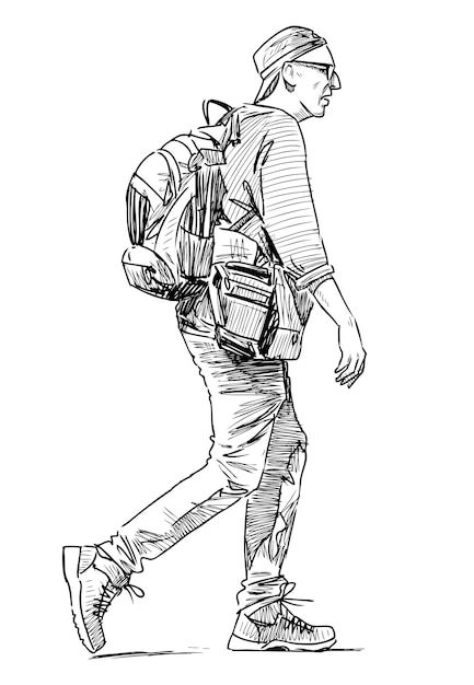 Esbozo de hombre turista con mochila caminando por la calle