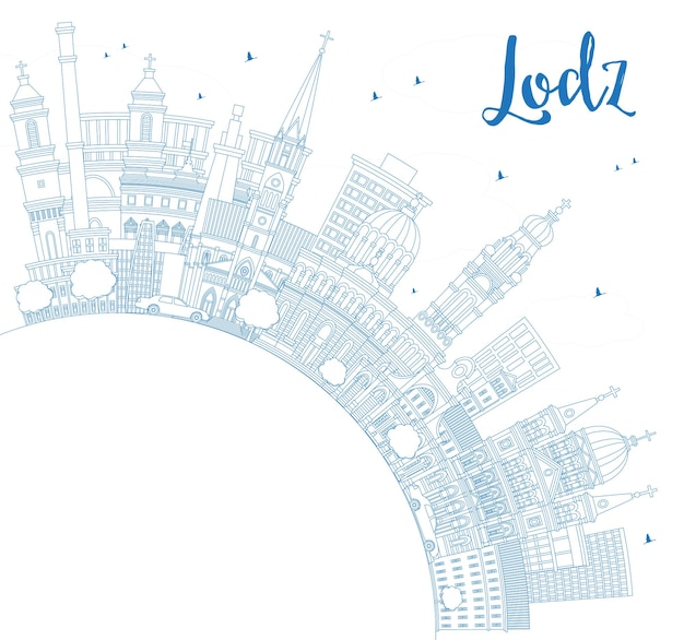 Esbozo del horizonte de la ciudad de Lodz, Polonia, con edificios azules y espacio de copia Lodz, paisaje urbano con puntos de referencia Viajes de negocios y turismo Concepto con arquitectura histórica