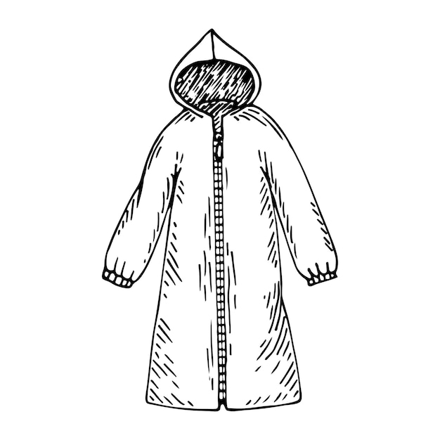 Esbozo de impermeable Manto con capucha Ropa de protección contra la lluvia Ilustración dibujada a mano
