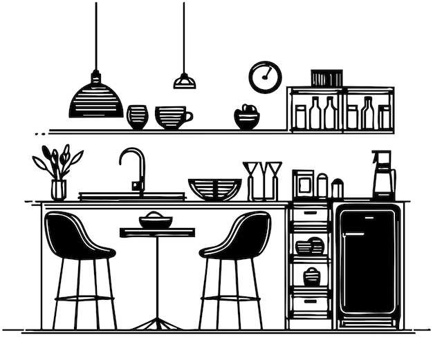 Esbozo interior de una cocina negra moderna con isla