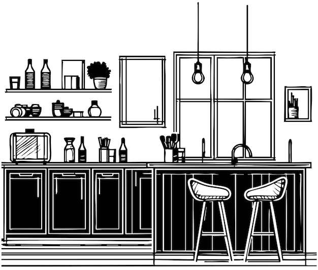 Esbozo interior de una cocina negra moderna con isla