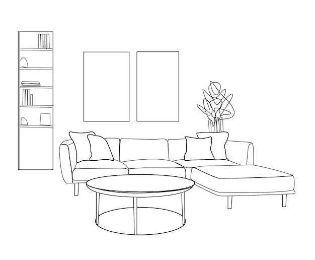 Esbozo del interior de la habitación Dibujos de sofá dibujados a mano y estanterías