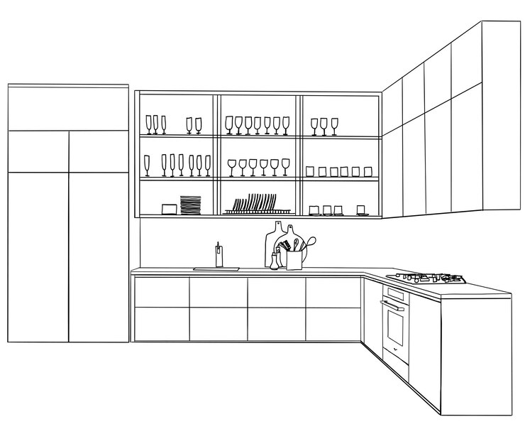 Esbozo interior de la sala de la cocina Diseño del plano de la cocina con muebles modernos