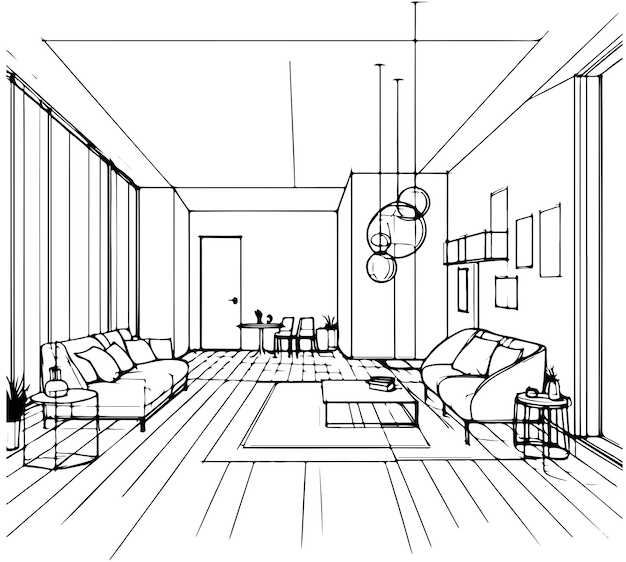 Vector esbozo interior de la sala de estar muebles para sillas de sofá