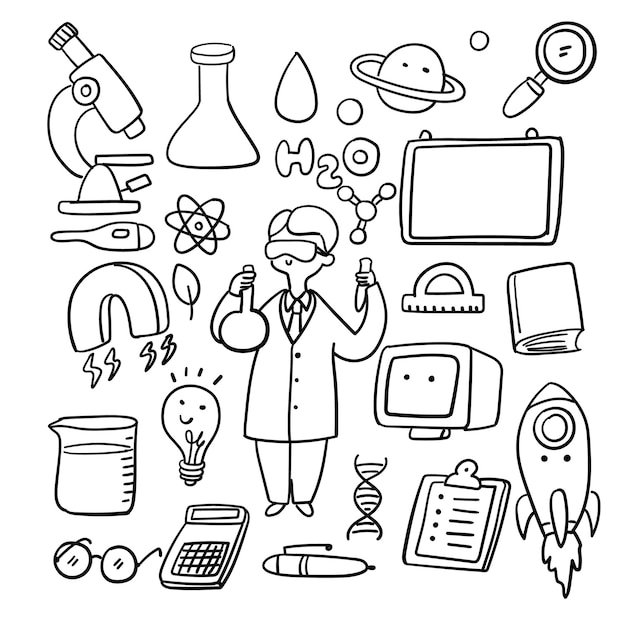 Vector esbozo libre dibujado a mano del día de la ciencia doodles iconos ilustración vectorial