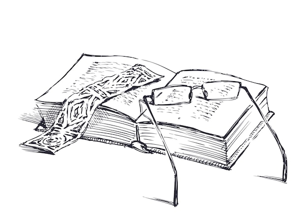 Esbozo de libro antiguo abierto con gafas de marcador de libros contorno ilustración vectorial dibujada a mano aislada