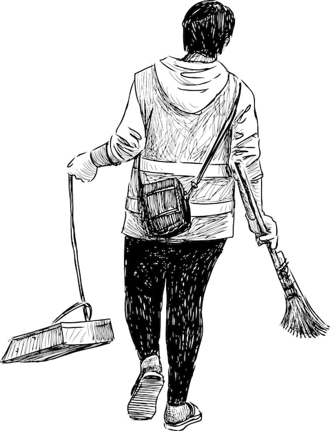 Esbozo de un limpiador de calles con cuchara y escoba