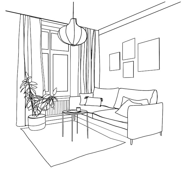 Esbozo lineal de una sala de estar interior Ilustración vectorial dibujada a mano de un estilo de boceto