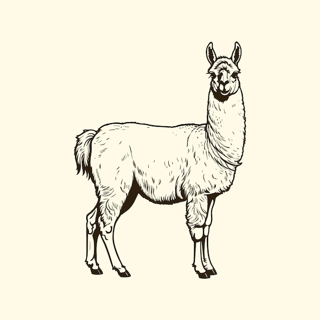 Esbozo de llama de pie de vector dibujado a mano en ilustración de estilo doodle