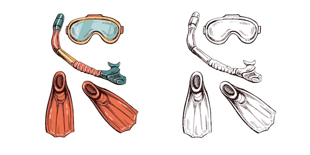 Esbozo a mano dibujado en color y monocromático de la máscara de buceo, las aletas de buqueo y el vector de snorkel