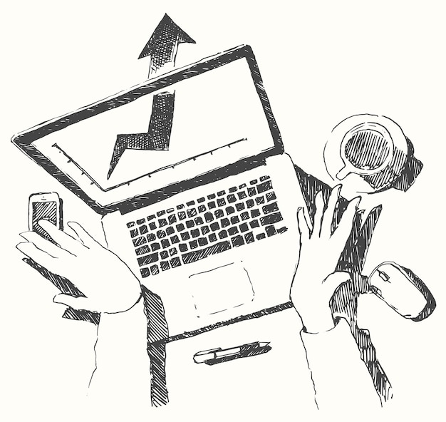 Esbozo de manos con computadora, hombre haciendo trabajo de oficina, vista superior, ilustración vectorial dibujada a mano