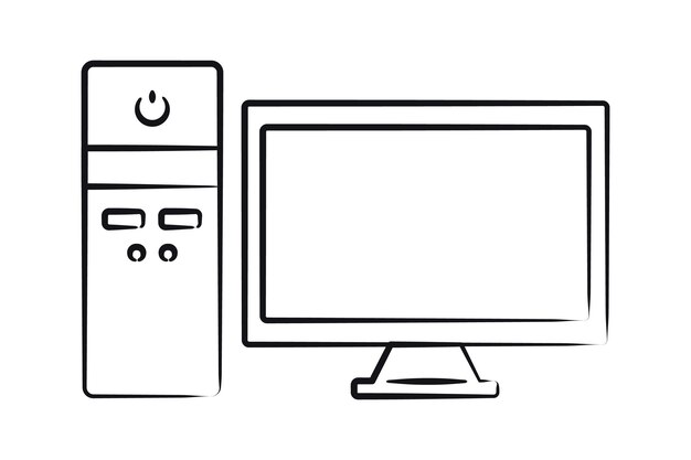 Esbozo Monitor de bloque de computadora aislado Pantalla de botón de encendido Tecnologías de contorno Pantalla de escritorio