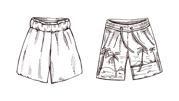 Esbozo monocromático dibujado a mano de pantalones cortos de playa con patrón tropical