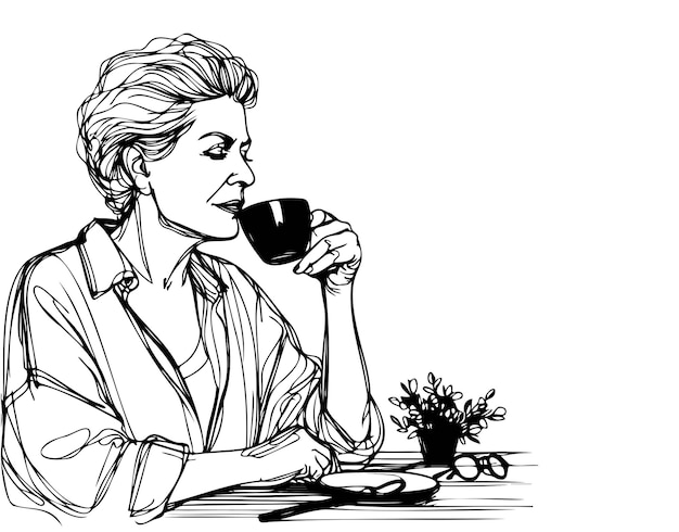 Esbozo Mujer de 60 años relajándose con una taza de té Ilustración vectorial