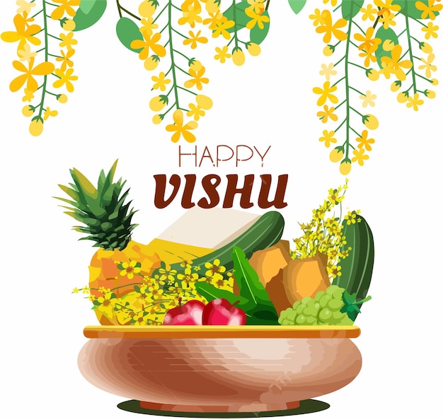 Esbozo nocturno del festival de Kerala con vishu kani vishu flores frutas y verduras en un recipiente