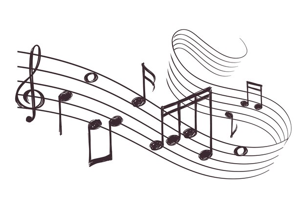 Vector esbozo de onda sonora musical con notas musicales ilustración vectorial dibujada a mano timbre de notas musicales