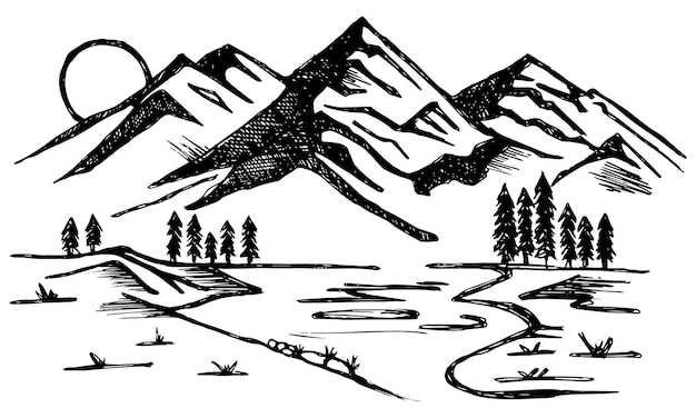 Esbozo de paisaje de montaña con sol y río