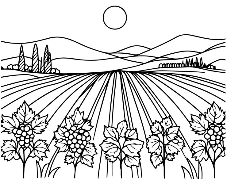 Esbozo del paisaje de las plantas de uva del viñedo