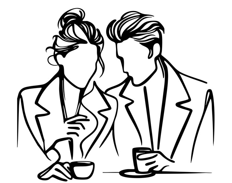 Esbozo de una pareja Un hombre y una mujer enamorados sosteniendo tazas de café