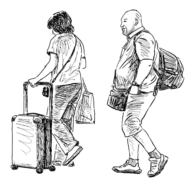 Esbozo de una pareja de turistas con mochila y maleta caminando vista lateral dibujo a mano realista