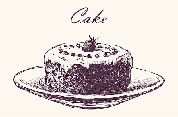 Esbozo de pastel de chocolate con bayas en un plato con letras de ilustración dibujadas a mano por vector