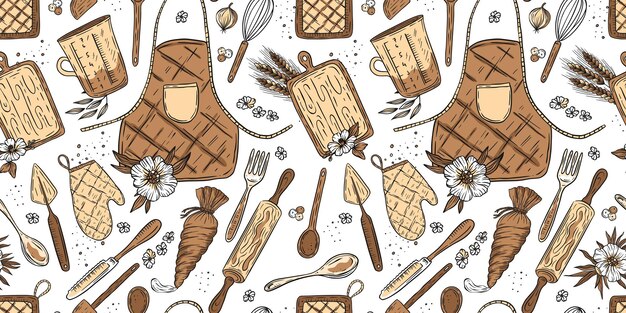 Esbozo de patrón de cocina de panadería Fondo vintage Equipo de cocina delantal espátula guante tenedor y rodillo Doodle vector