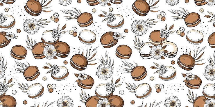 Vector esbozo de patrón de panadería macarón francés sin costuras fondo vintage vector de pastelería doodle