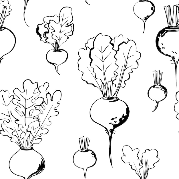 Esbozo de patrón vectorial de verduras. Dibujo a color de la comida. brócoli, lechuga, alcachofa, hierbas