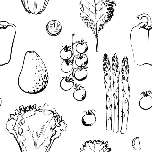 Esbozo de patrón vectorial de verduras. Dibujo a color de la comida. brócoli, lechuga, alcachofa, hierbas