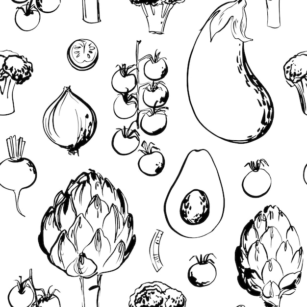 Esbozo de patrón vectorial de verduras. Dibujo a color de la comida. brócoli, lechuga, alcachofa, hierbas