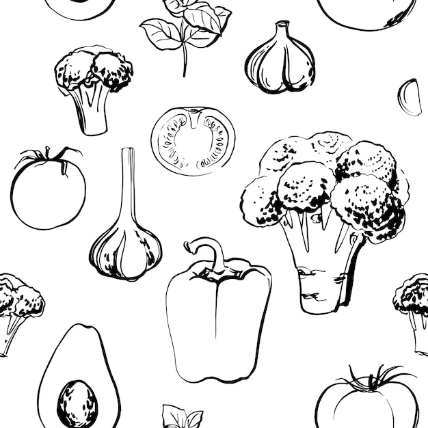 Esbozo de patrón vectorial de verduras. Dibujo a color de la comida. brócoli, lechuga, alcachofa, hierbas