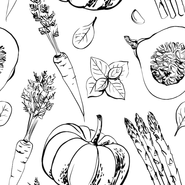 Esbozo de patrón vectorial de verduras. Dibujo a color de la comida. brócoli, lechuga, alcachofa, hierbas