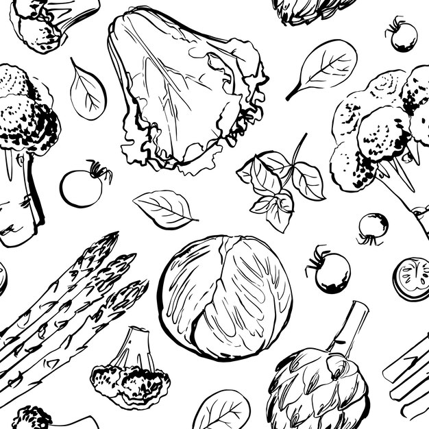Esbozo de patrón vectorial de verduras. Dibujo a color de la comida. brócoli, lechuga, alcachofa, hierbas