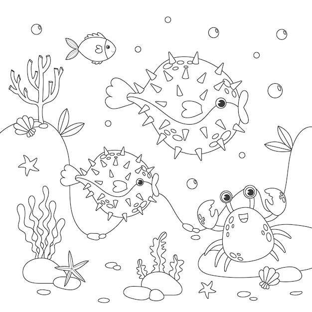 Esbozo de peces Libro de colorear peces exóticos Caracteres de animales lindos para niños
