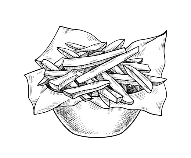 Esbozo de plato de patata Creatividad minimalista y objeto de arte Bol con patatas fritas Café o restaurante Elemento gráfico para el sitio web Ilustración vectorial plana lineal aislada sobre fondo blanco