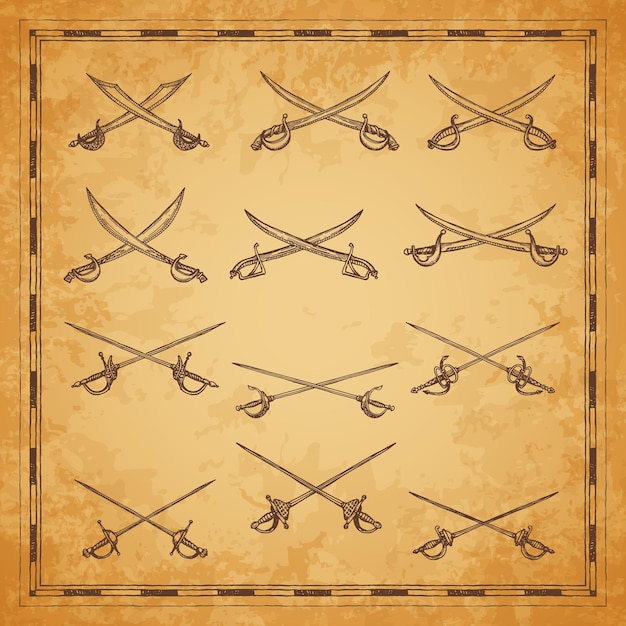 Esbozo de sables, espadas y espadas piratas cruzados, elementos de mapa antiguo de vector. Bucanero pirata o sables de corsario y machete náutico en dibujo de grabado vintage para mapa del tesoro de piratas