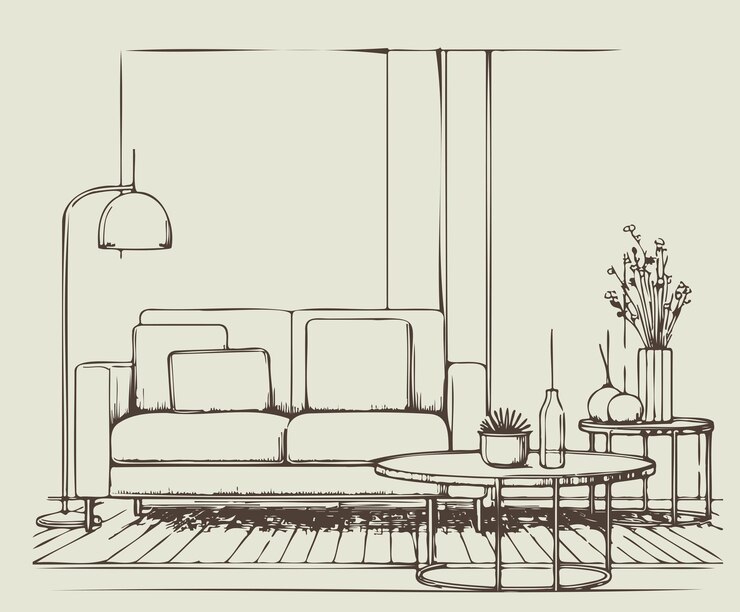 Esbozo de sala de estar Esbozo interior lámpara de sofá y otros muebles Ilustración vectorial