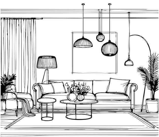 Esbozo de sala de estar en negro sobre blanco Lámpara de sofá de boceto interior