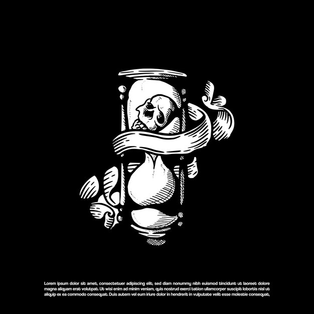 Esbozo de silueta de arte de vidrio de arena con vector de cráneo aislado en fondo negro