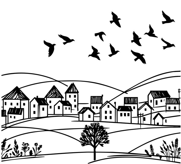 Esbozo de silueta del paisaje del pueblo con la casa de los pájaros negros