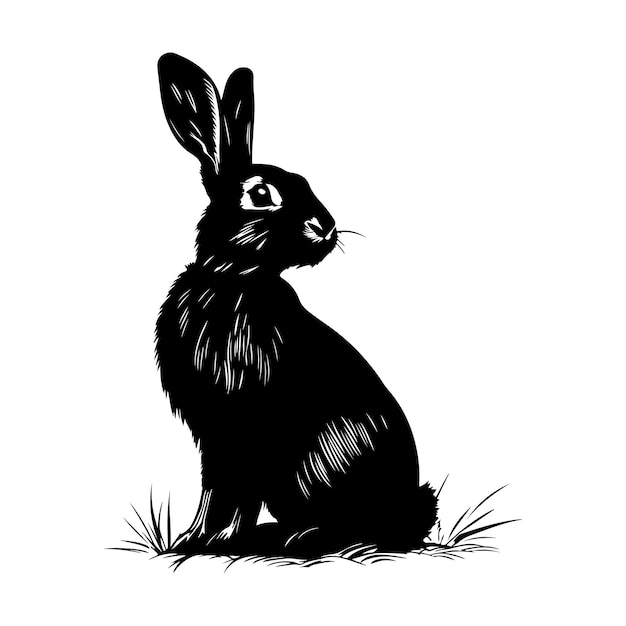 Esbozo de silueta realista de conejo Ilustración de conejo de Pascua peludo silueta de tinta negra en blanco