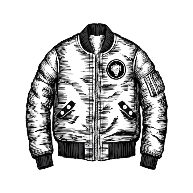 Esbozo de tinta de chaqueta de bombardero dibujo en blanco y negro estilo de grabado ilustración vectorial