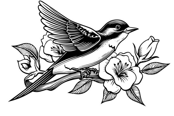Vector esbozo de tinta de una golondrina sentada en una rama ilustración vectorial de estilo grabado dibujado a mano