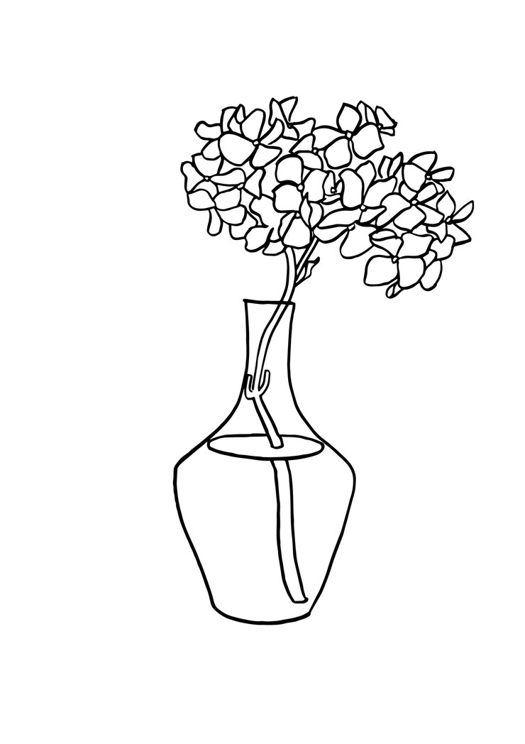 Esbozo de tinta de ilustración vectorial con flores de hortensia en jarrón Arte para para impresiones arte de pared fondo de pancarta