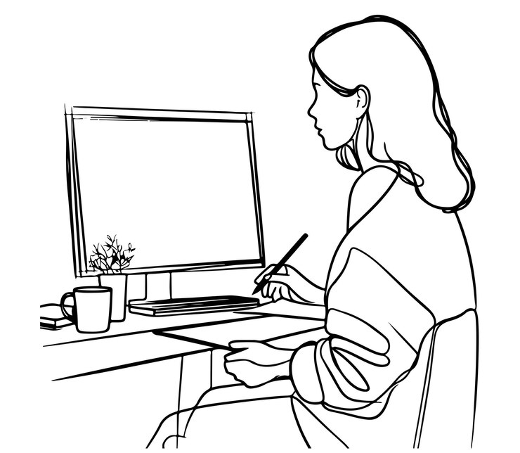 Esbozo de trabajo de una mujer usando una tableta digital móvil