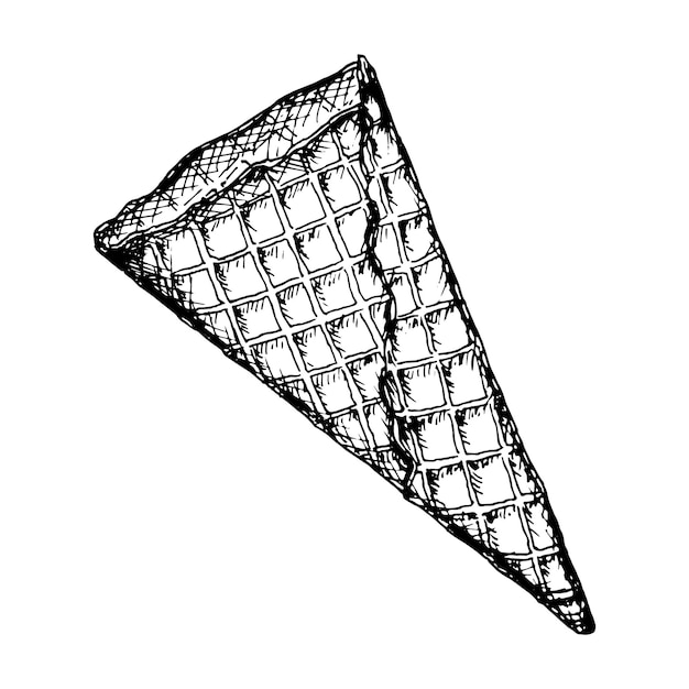 Esbozo vectorial en blanco y negro de un cono de waffle vacío dibujado en un estilo de tinta artística perfecto para