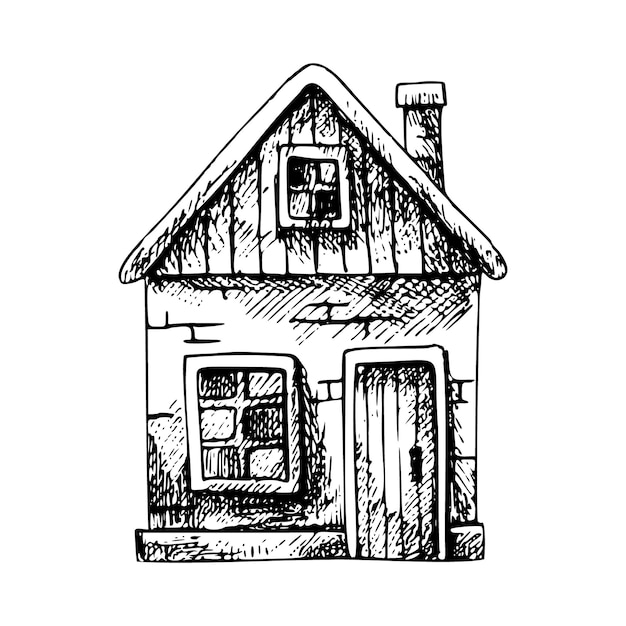 Esbozo vectorial de la casa Ilustración dibujada a mano Grabado de edificios de la aldea y la ciudad Dibujo monocromático