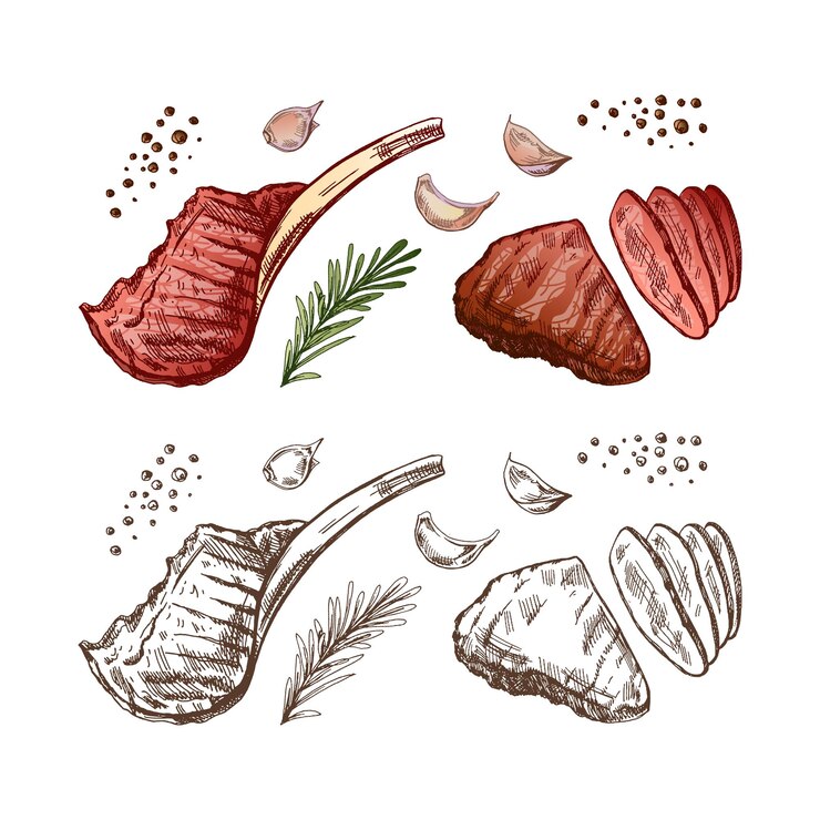 Vector esbozo vectorial coloreado a mano de filetes de carne a la parrilla, piezas de carne con romero y ajo